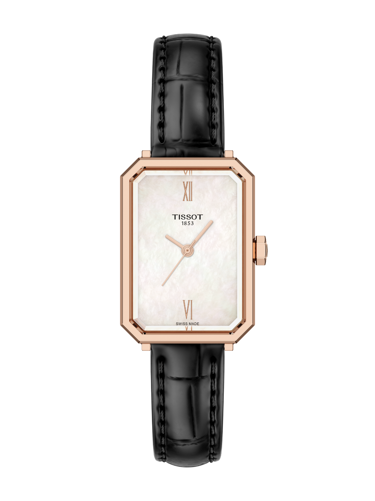 Tissot SRV watch with a rose gold PVD rectangular case, black leather strap, and white mother of pearl dial.