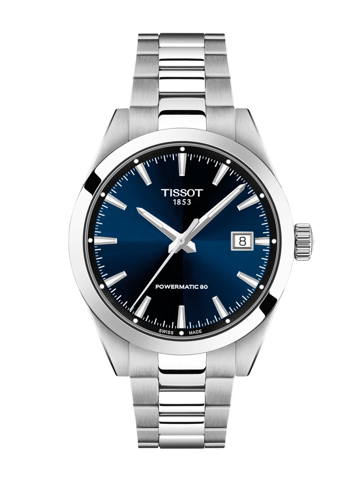 Tissot Gentleman watch with a steel bracelet and blue dial on a white background.