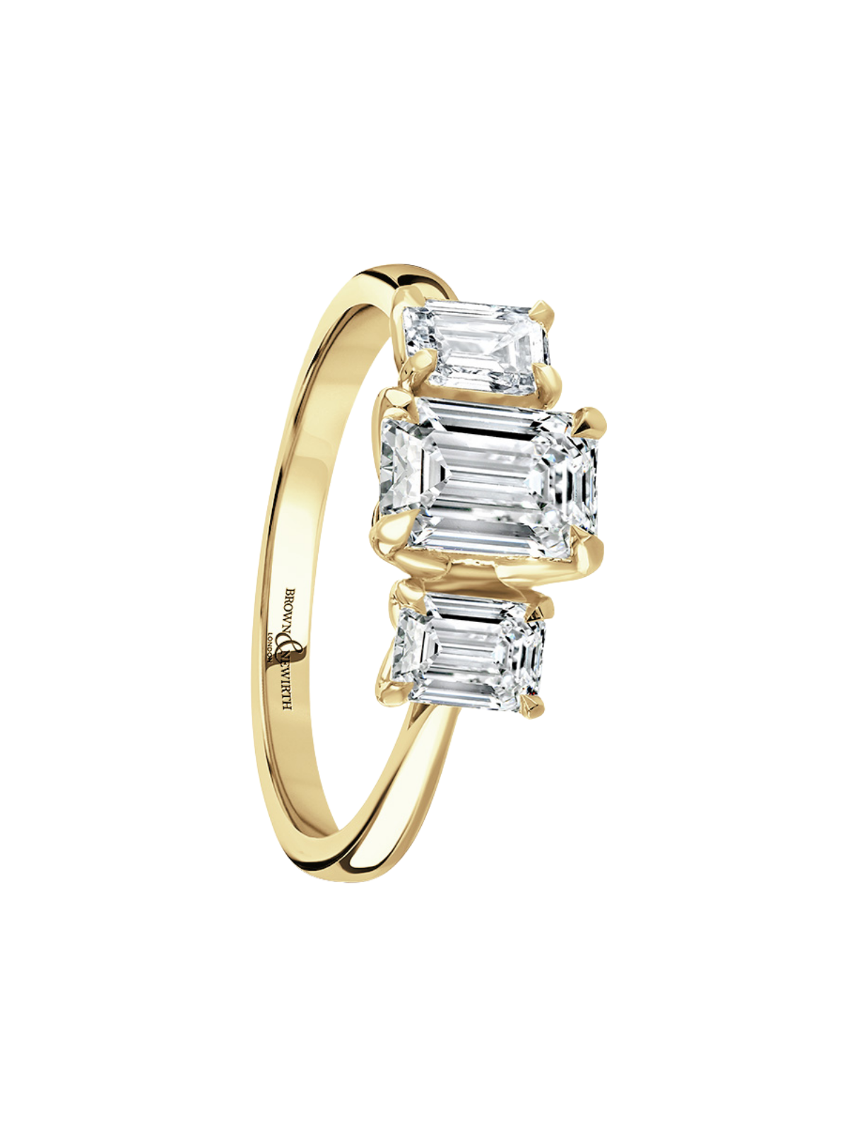 Lab Grown Diamond Three Stone Ring with 1.80ct of Emerald Cut Diamonds in 9ct Yellow Gold
