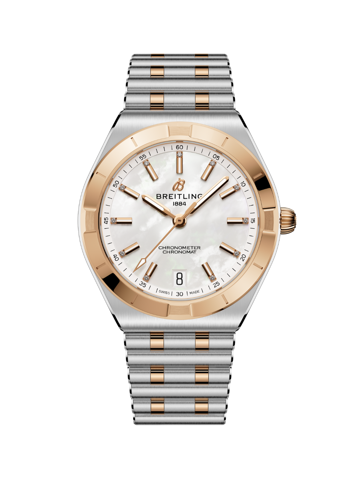 Breitling Chronomat Automatic 36 watch with steel and rose gold bracelet and white mother of pearl dial on a white background.