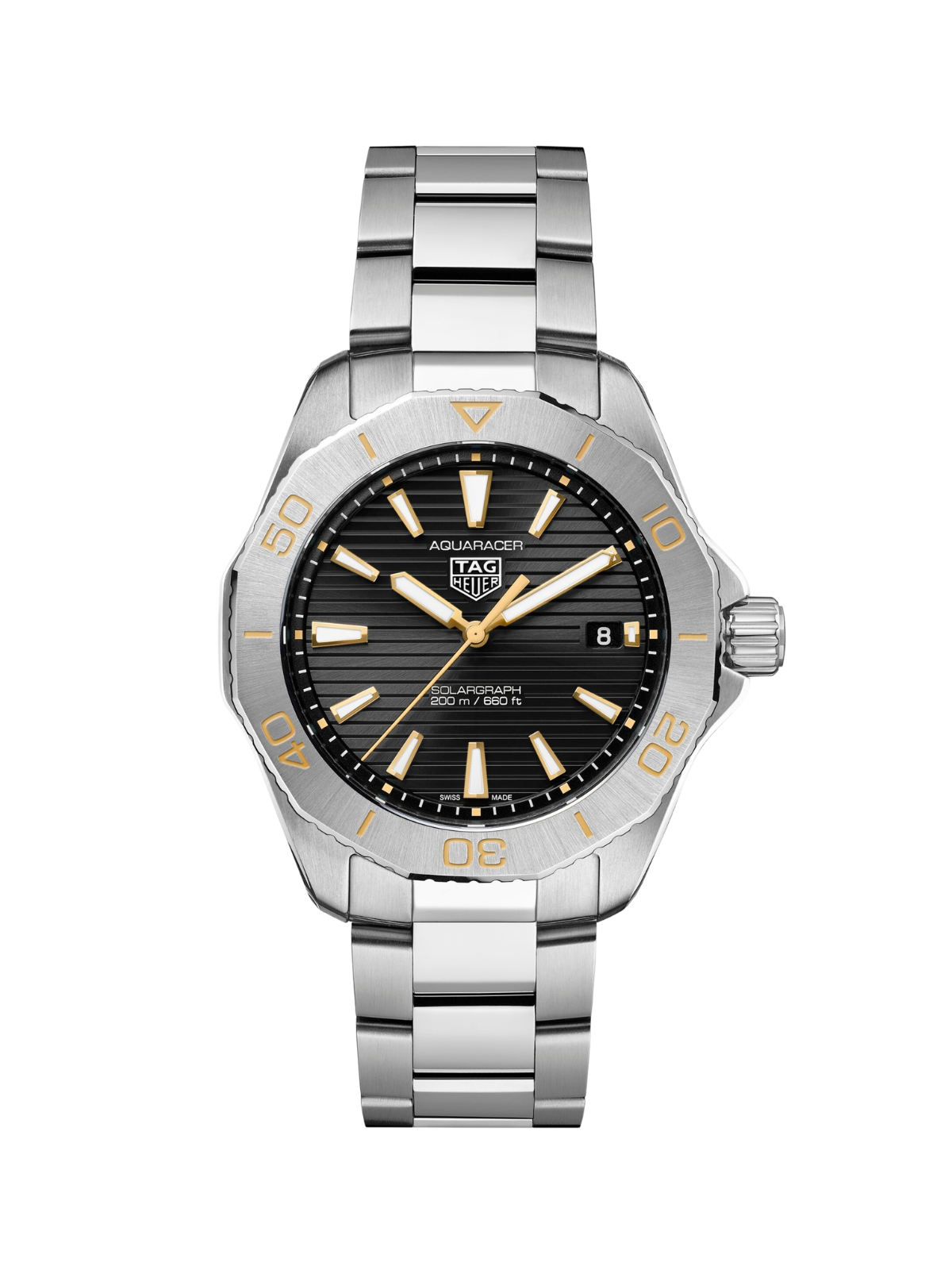 TAG Heuer Aquaracer watch with a steel case and bracelet and black dial, on a white background.