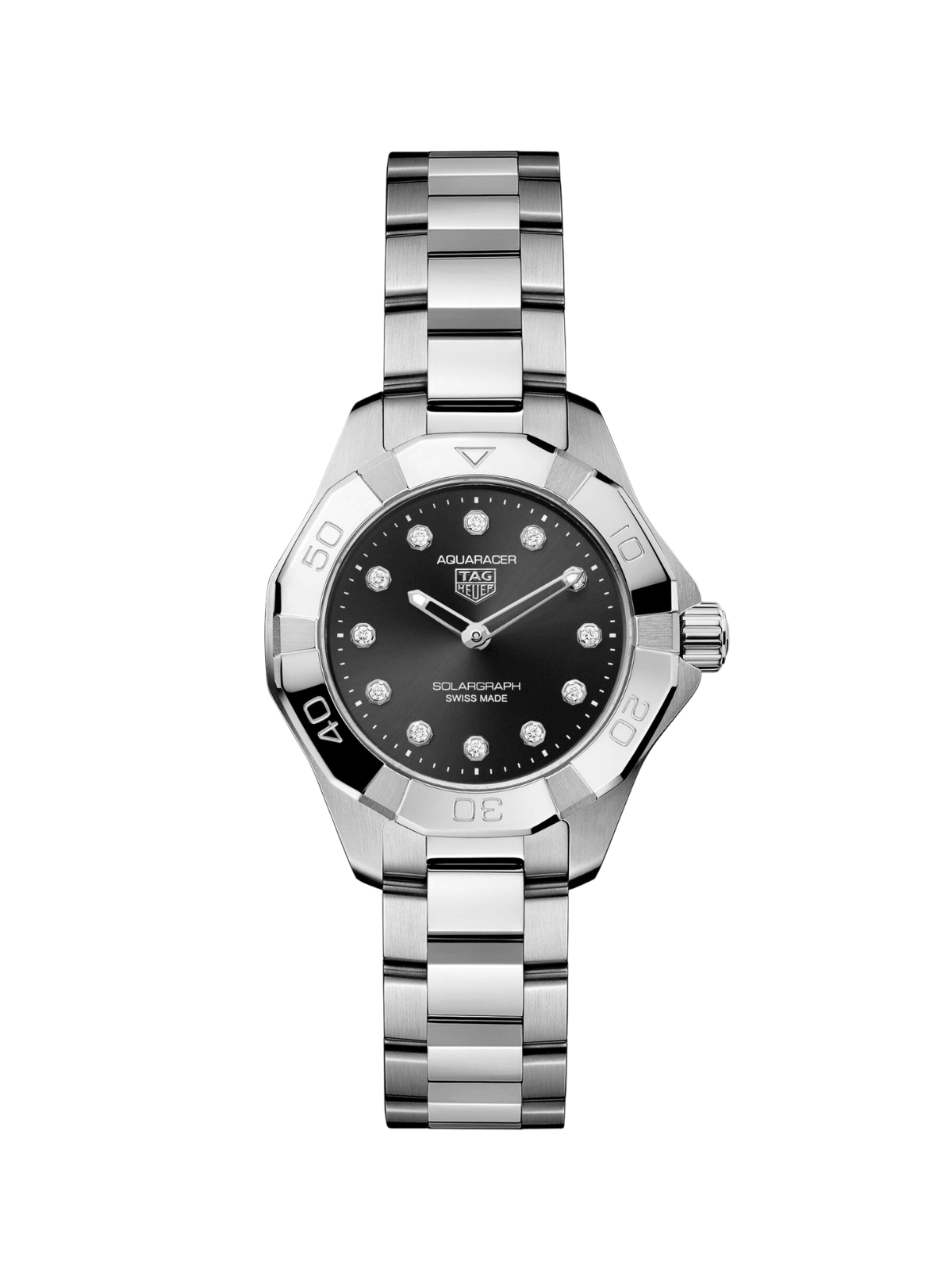TAG Heuer Aquaracer with steel bracelet and black, diamond-set, dial on a white background.