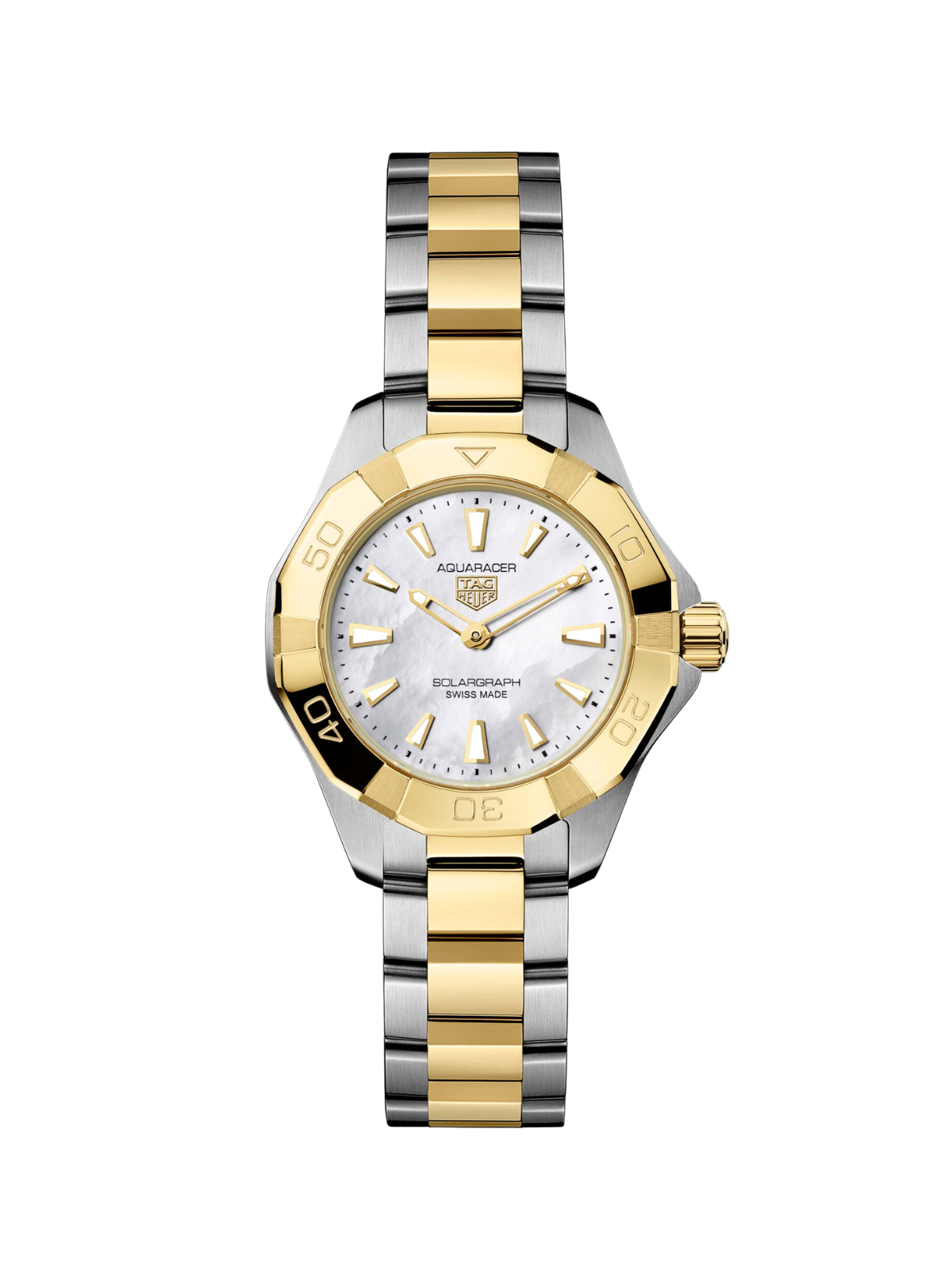TAG Heuer Aquaracer Professional 100 Solargraph with steel & yellow gold plated bracelet and mother of pearl dial on a white background.