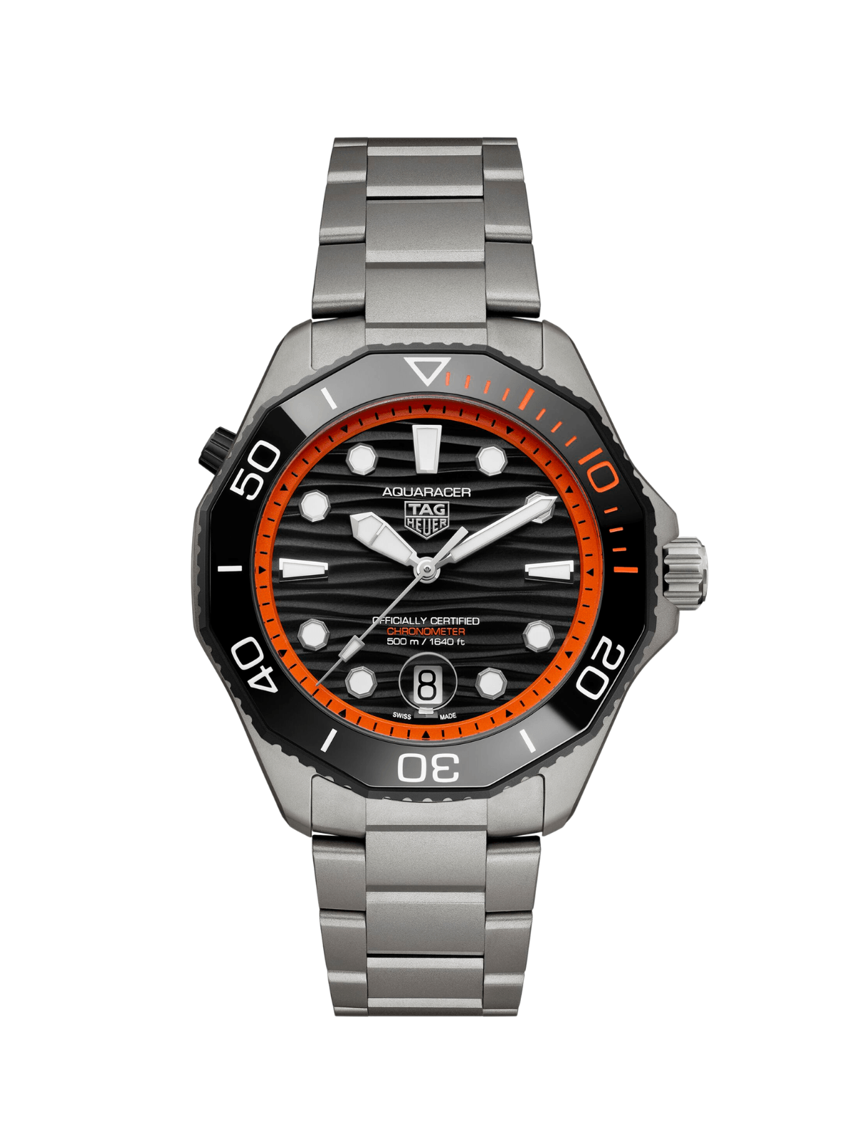 TAG Heuer Aquaracer with titanium bracelet and black & orange dial on a white background.