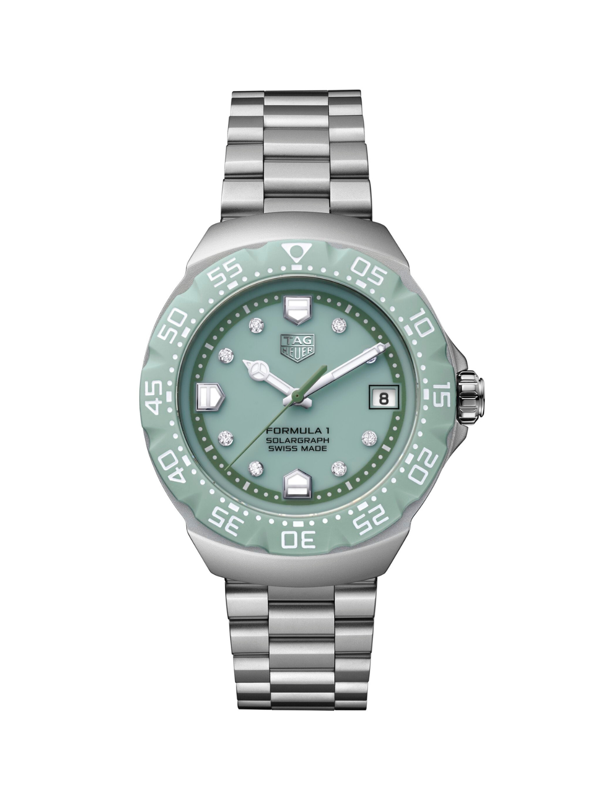 TAG Heuer Formula 1 Solargraph watch with a steel bracelet and pastel green dial on a white background.