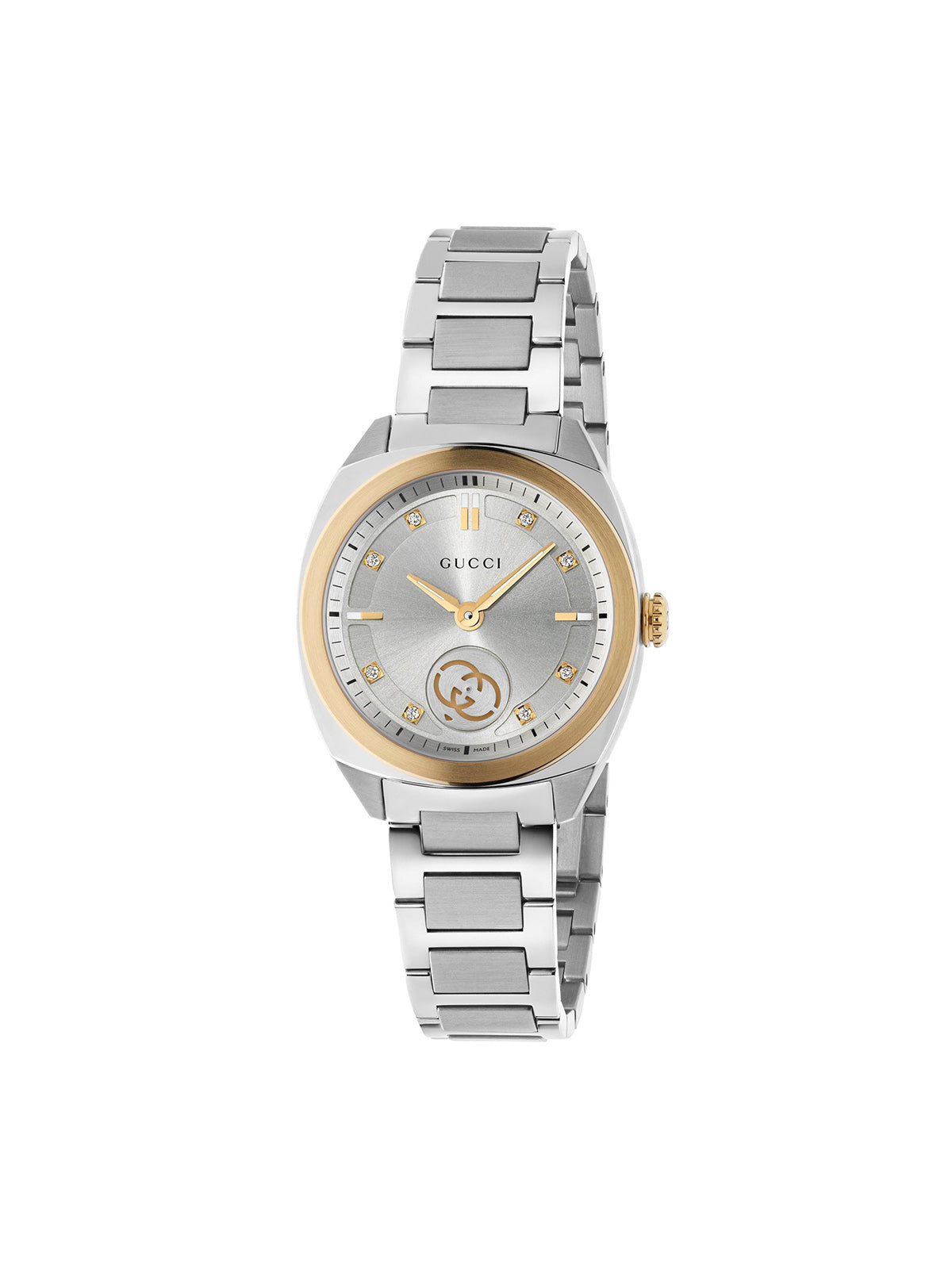Gucci Interlocking watch with 29mm stainless steel & rose gold plated case, steel bracelet & silver dial on a white background.