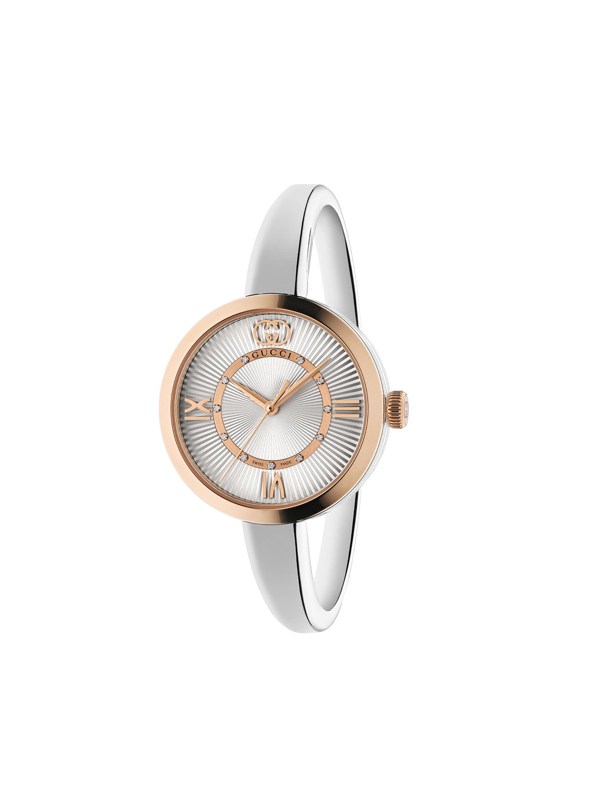 Gucci Model 2000 with 30mm rose gold plated case, bangle-style bracelet and silver dial on a white background.