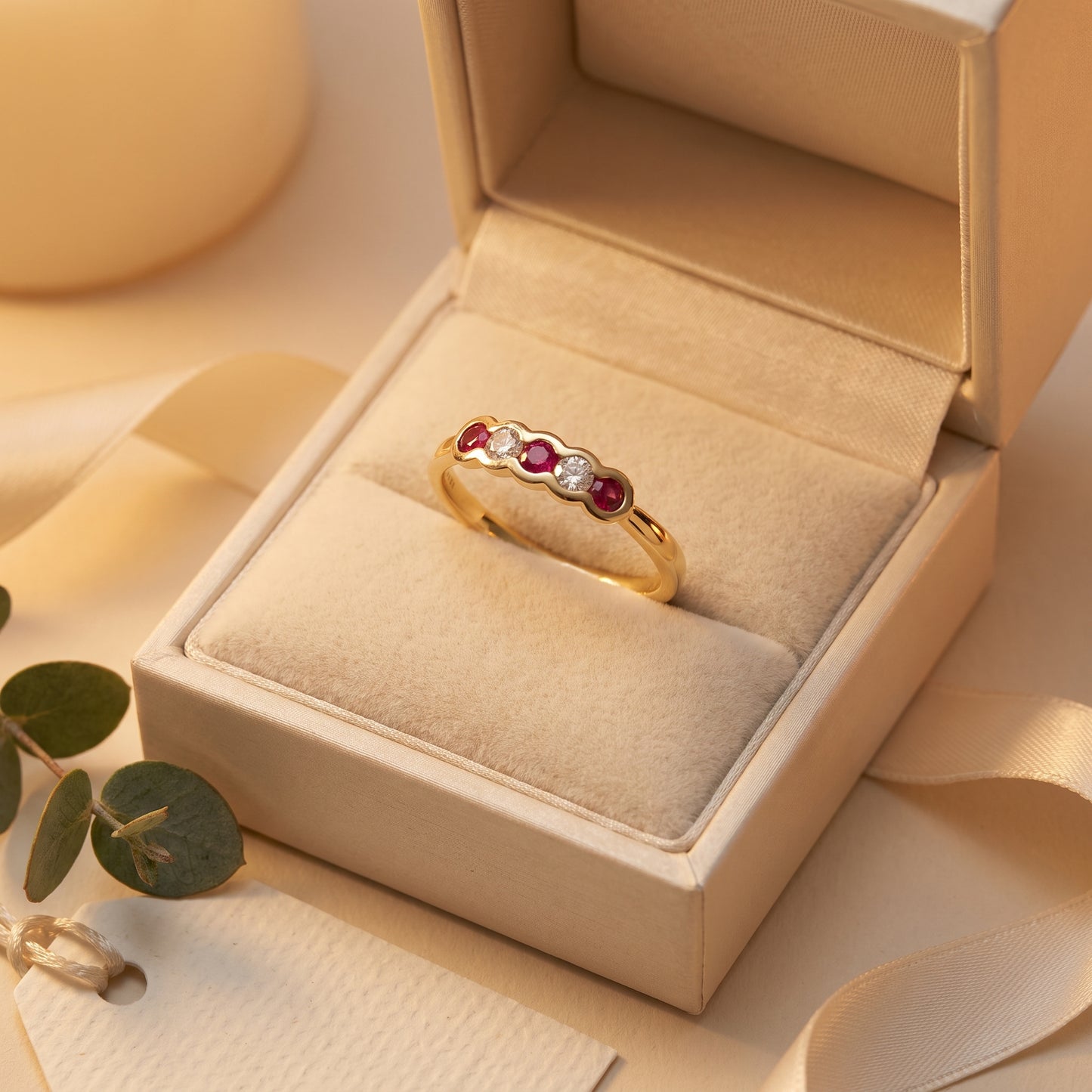 Ruby & Diamond 5 Stone Ring with 0.12ct of Round Brilliant Diamonds in 9ct Yellow Gold