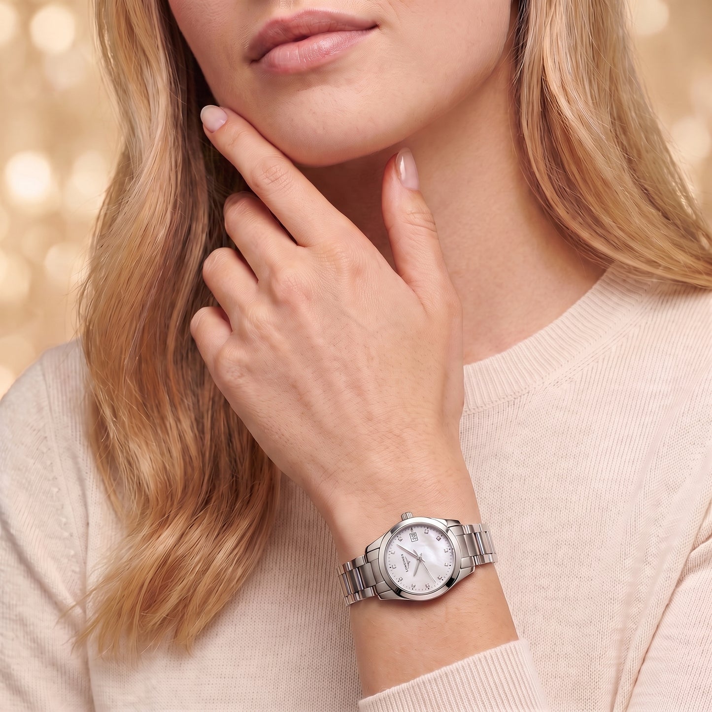 Pre-Owned Longines Conquest Classic 29.5mm with Steel Bracelet & White Mother of Pearl, Diamond-set Dial