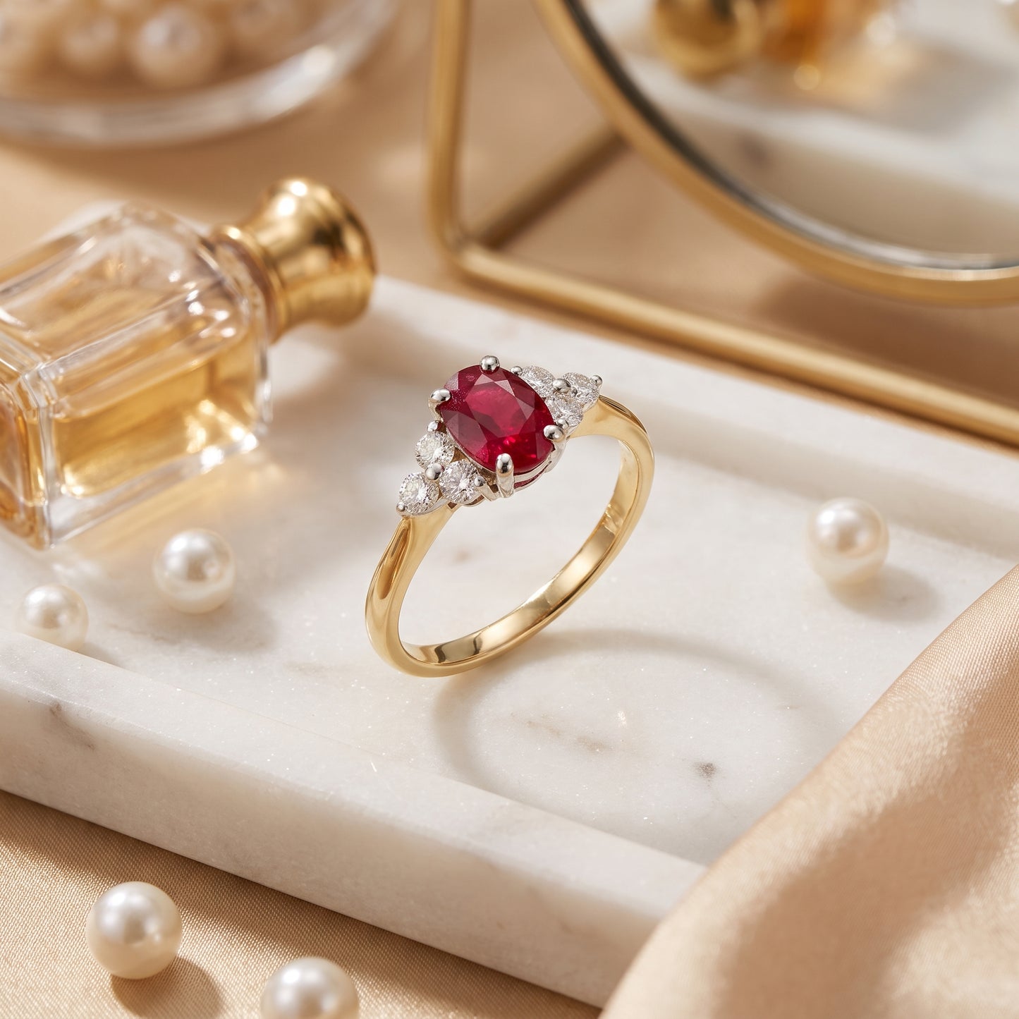 Ruby & Diamond Trefoil Ring with 7x5mm Ruby and 0.22ct of Round Brilliant Diamonds in 9ct Yellow & White Gold