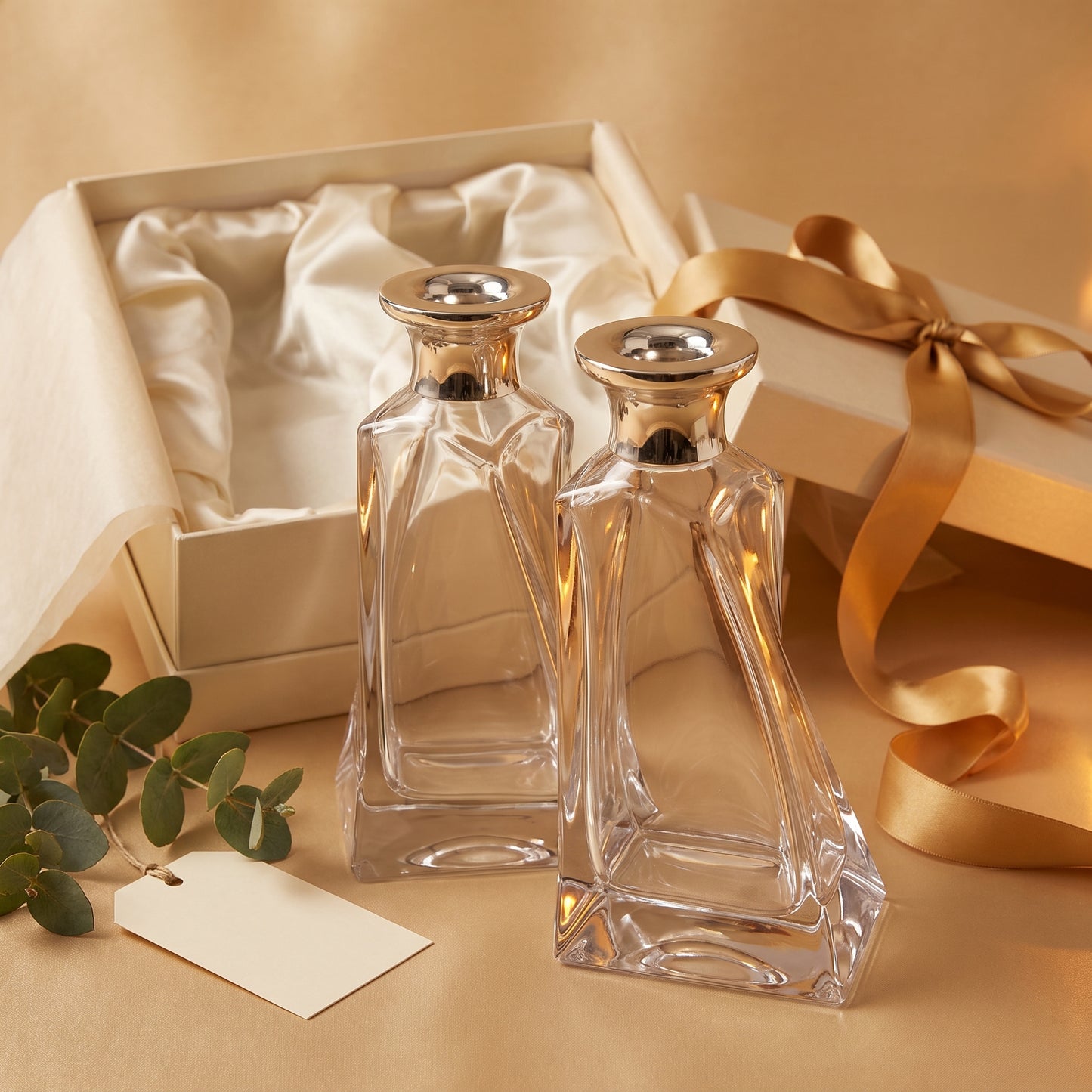 Pair of Crystal Lover's Decanters with Silver Collar