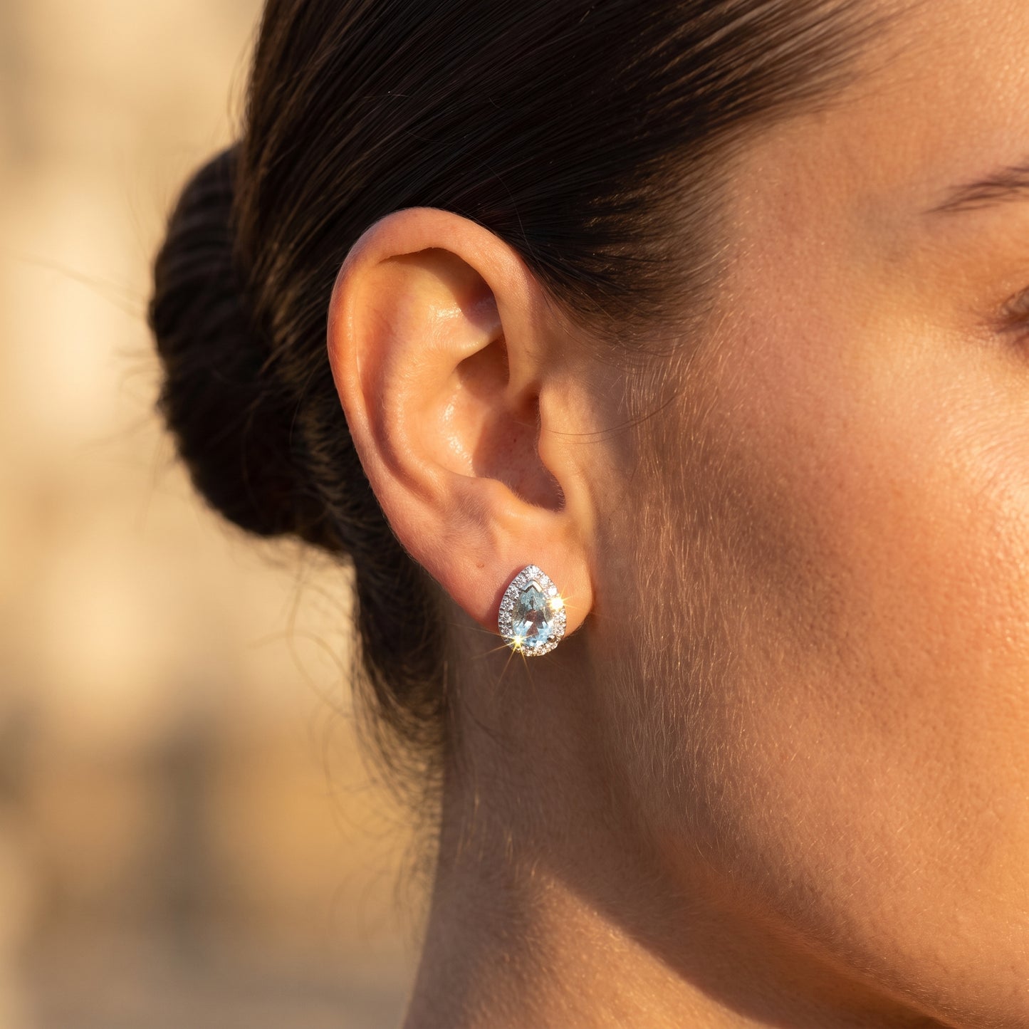 Aquamarine & Diamond Cluster Earrings with 0.36ct Pear Cut Aquamarine & 0.10ct Round Brilliant Diamond Halo in 18ct White Gold