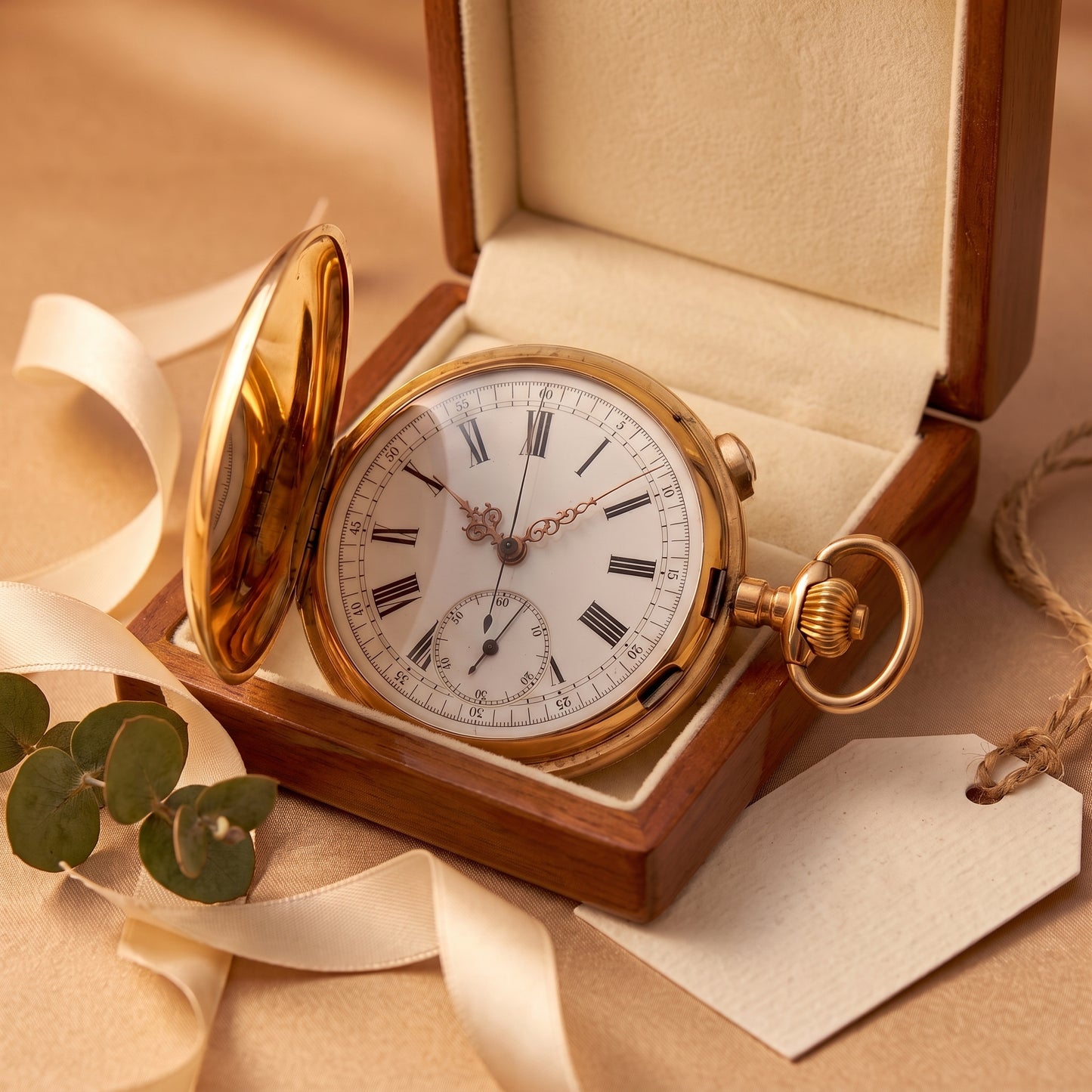 18K gold full hunter repeater pocket watch with white dial & chronograph functionality in a presentation box.