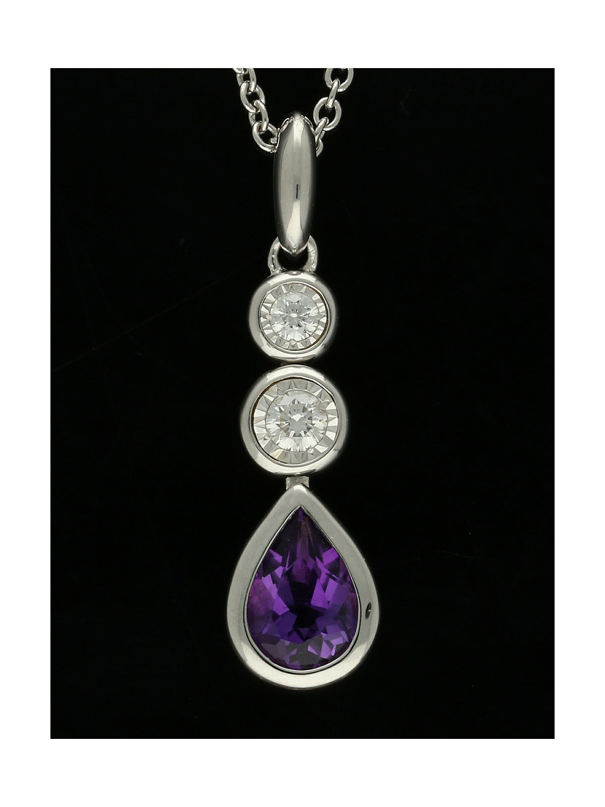Amethyst & Diamond Three Stone Drop Pendant Necklace in 9ct White Gold