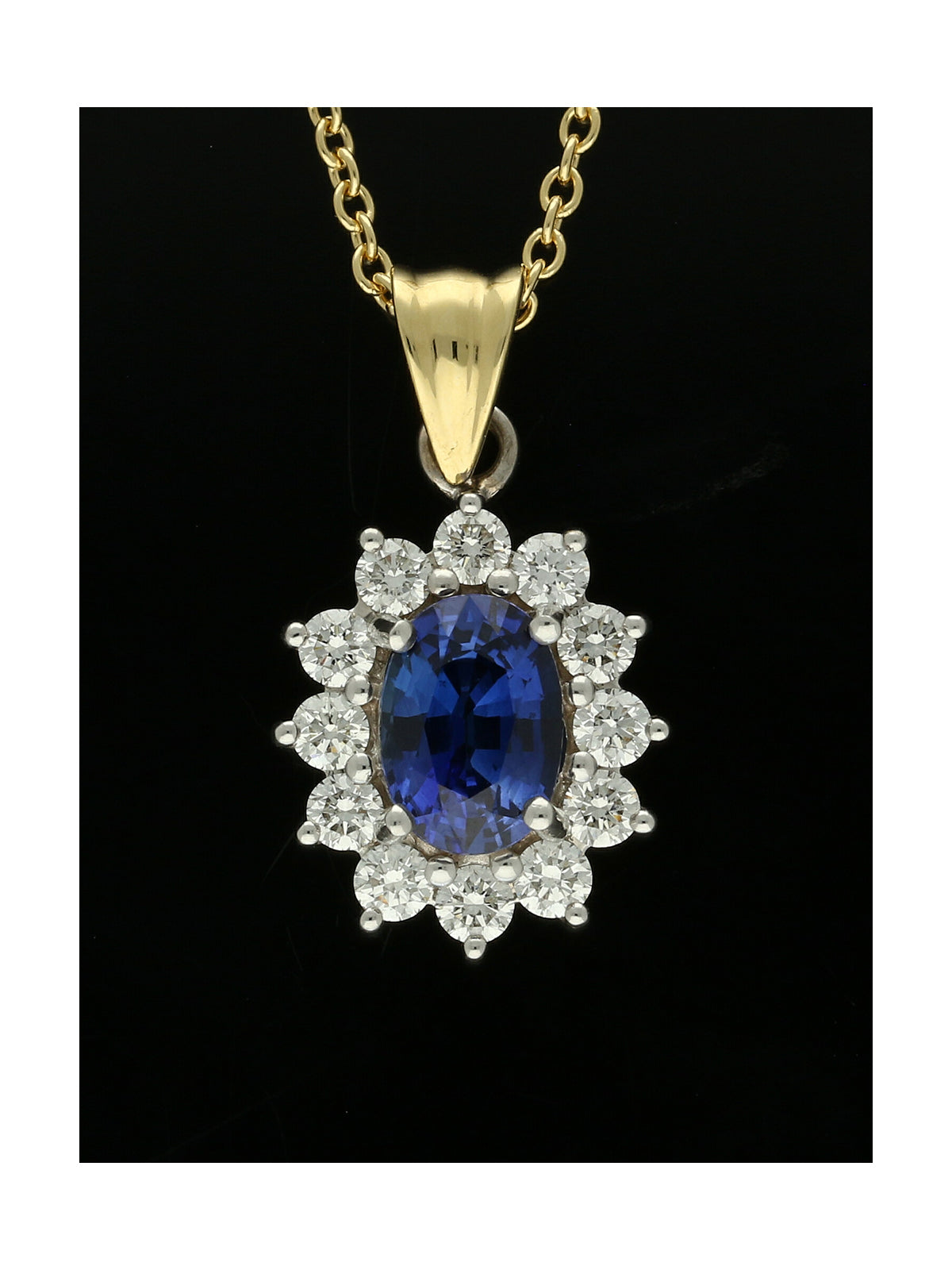 Sapphire & Diamond Oval Cluster Pendant Necklace in 18ct Yellow & White Gold