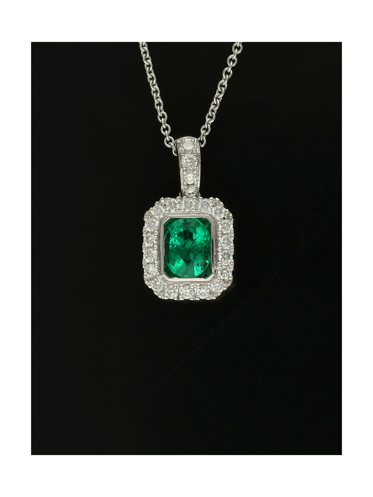 Emerald & Diamond Square Halo Pendant in 18ct White Gold on 18" Chain