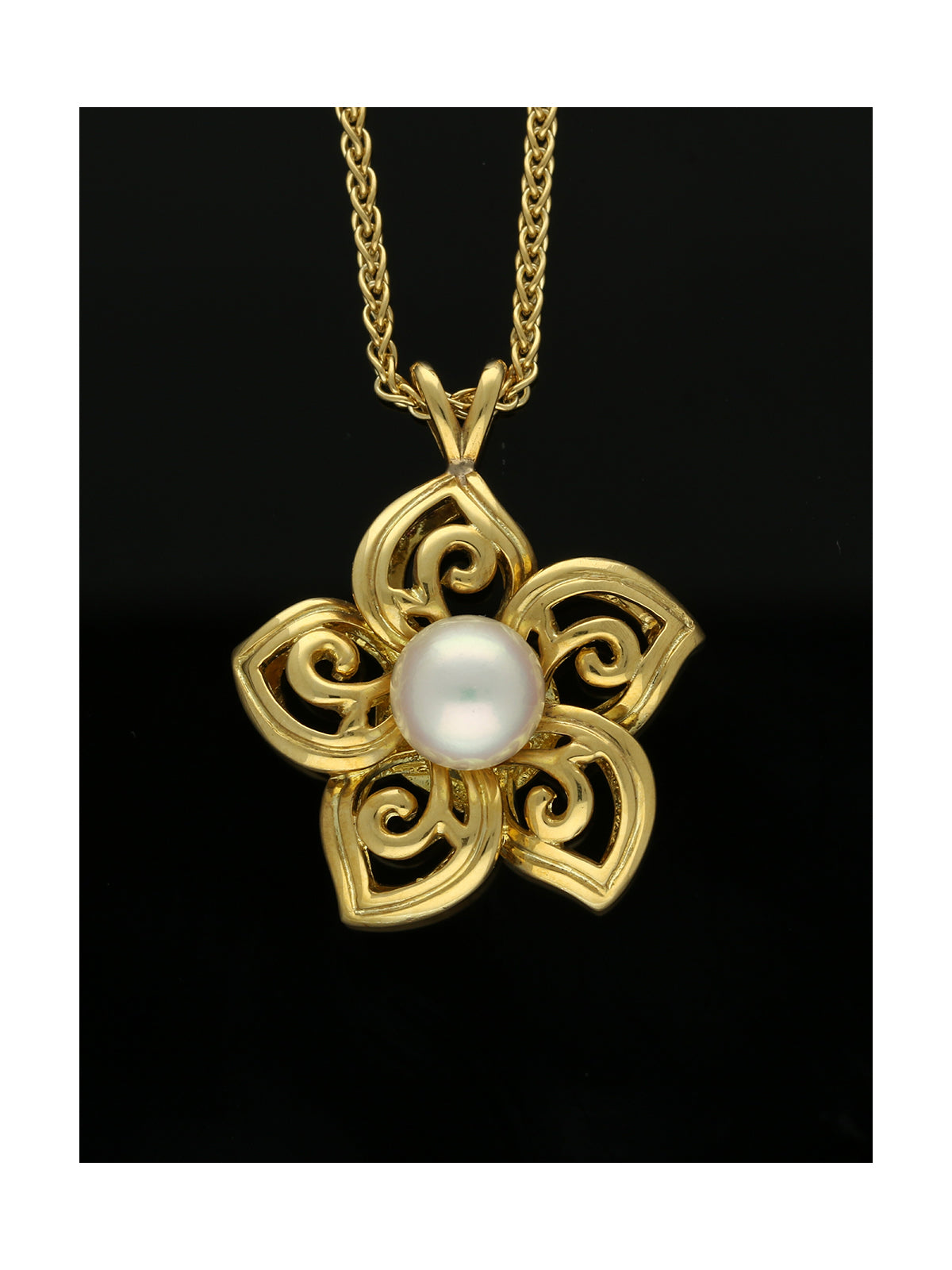 Mikimoto White Cultured Pearl Flower Pendant Necklace in 18ct Yellow Gold