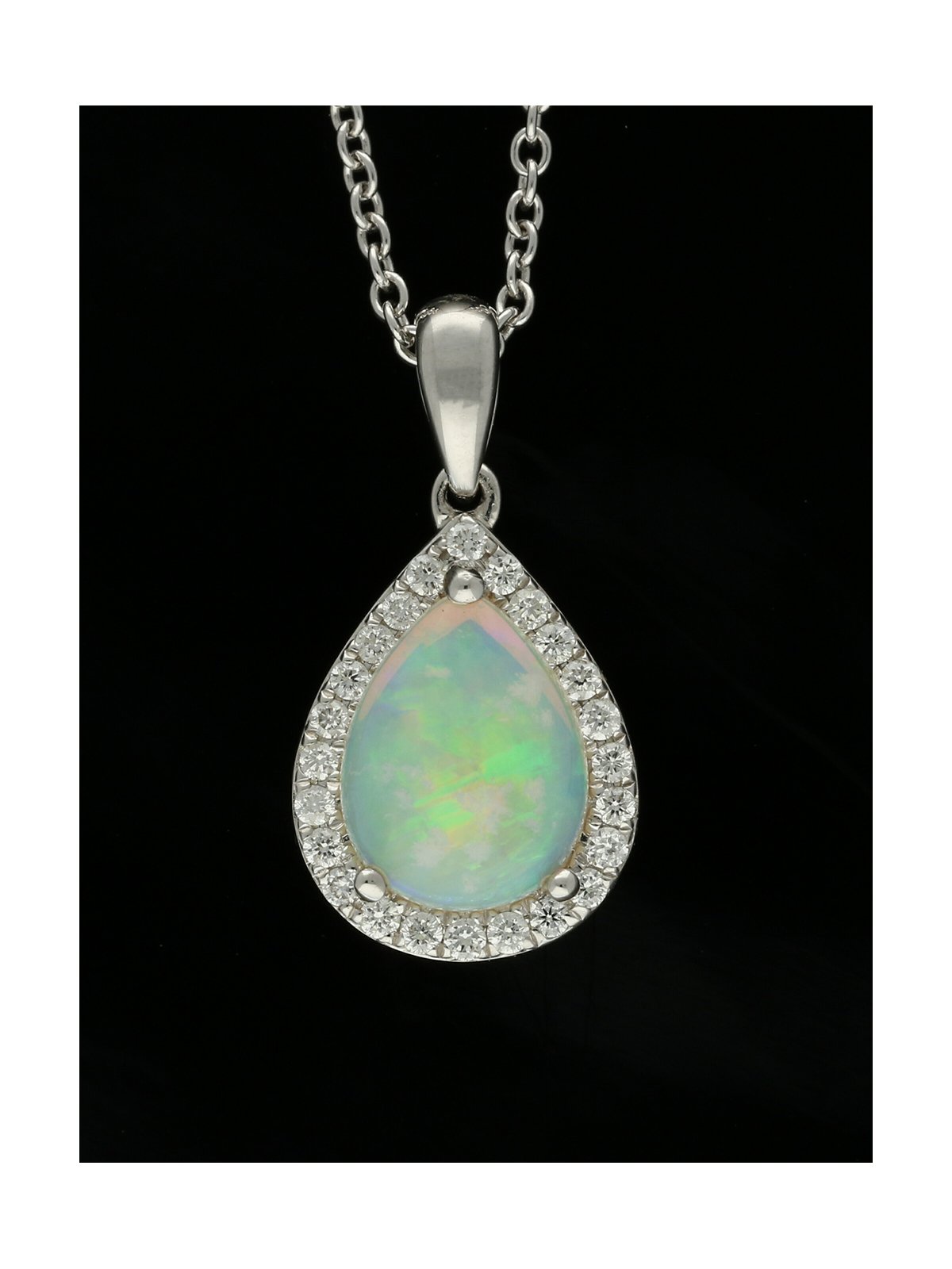Pear Shape Opal and Diamond Framed Cluster Pendant Necklace in 18ct White Gold