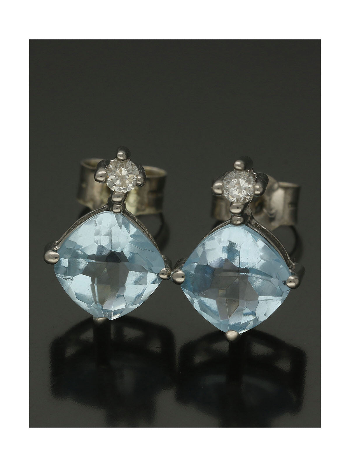 Blue Topaz & Diamond Cushion Stud Earrings in 9ct White Gold