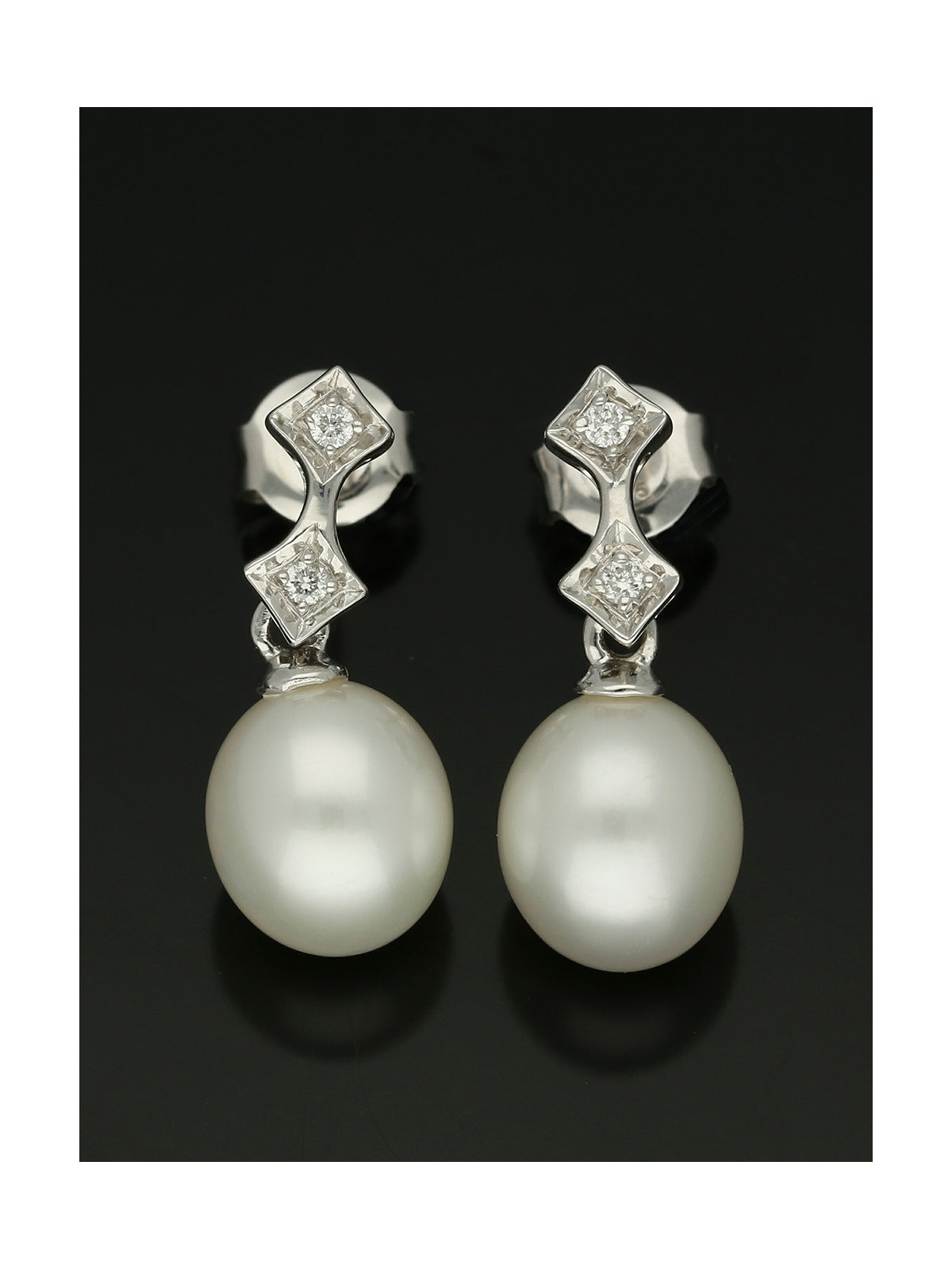 White Cultured Pearl & Diamond Drop Earrings in 9ct White Gold