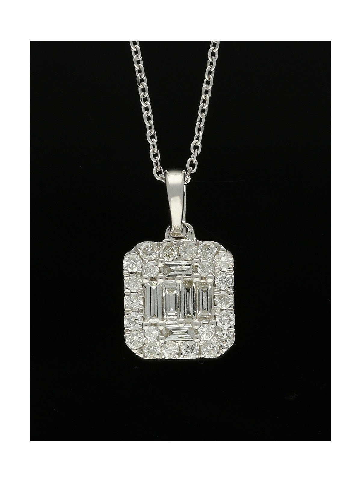 Diamond Cluster Pendant 0.34ct Baguette & Round Brilliant Cut in 9ct White Gold