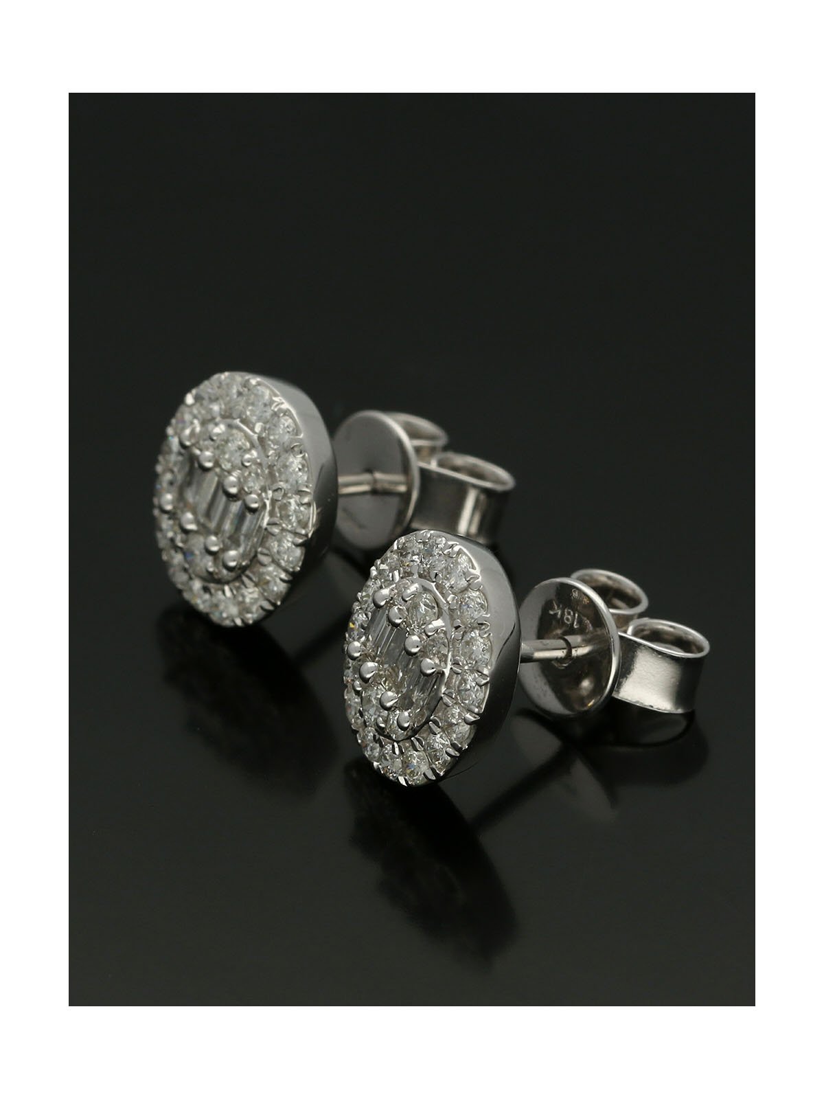 Diamond Cluster Stud Earrings 0.75ct Baguette & Round Brilliant Cut in 18ct White Gold
