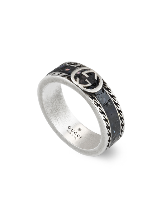 Gucci Interlocking 6mm Silver & Black Enamel Ring - Size 16 *Ex-Display*