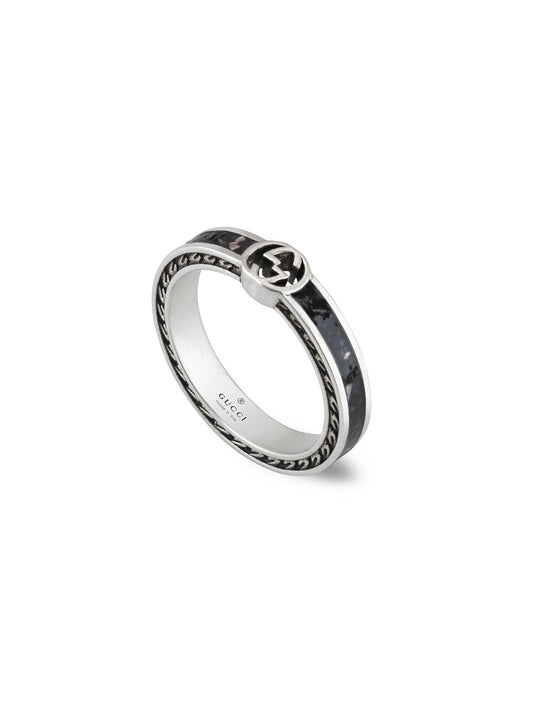 Gucci Interlocking 3.5mm Silver & Black Enamel Ring - Size 15 (UK Size: O-P)