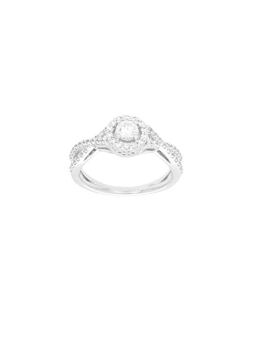 Silver & Cubic Zirconia Halo Ring with Zirconia Twist Shoulders