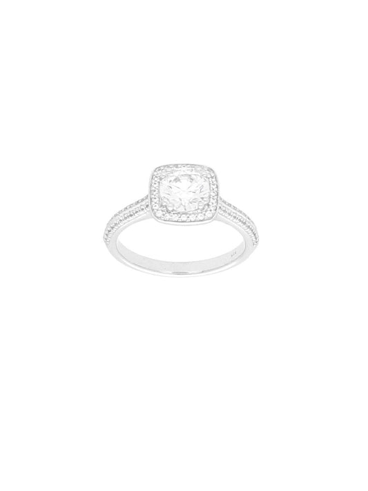 Silver & Cubic Zirconia Cushion Halo Ring with Zirconia Shoulders