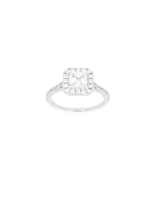 Silver & Cubic Zirconia Cushion Halo Ring with Zirconia Shoulders