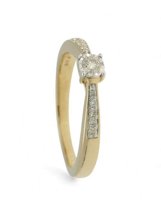 Diamond Solitaire Miracle Set Engagement Ring 0.19ct Round Brilliant Cut in 9ct Yellow Gold with Diamond Set Shoulders