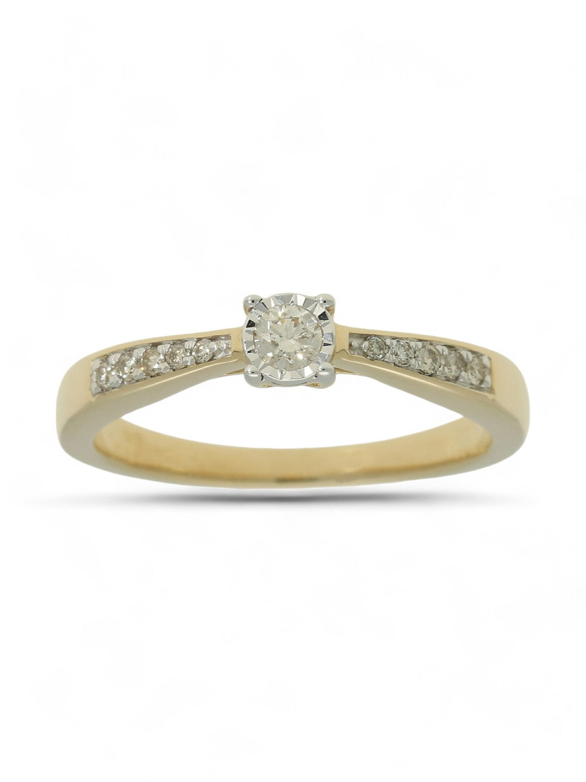 Diamond Solitaire Miracle Set Engagement Ring 0.19ct Round Brilliant Cut in 9ct Yellow Gold with Diamond Set Shoulders