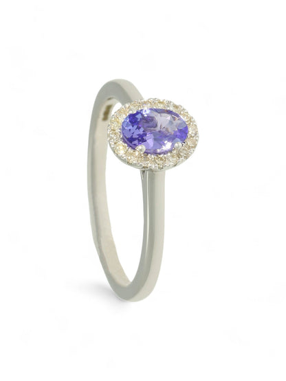 Tanzanite & Diamond Oval Cut Halo Ring in 9ct White Gold
