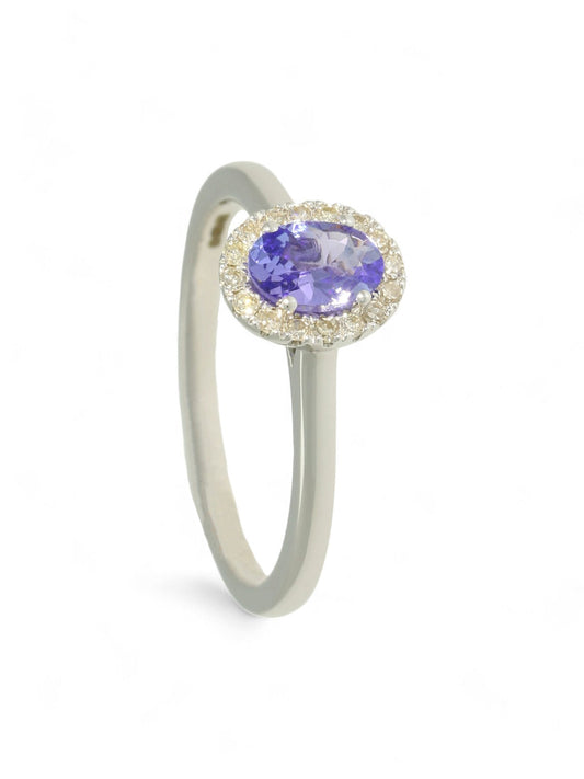 Tanzanite & Diamond Oval Cut Halo Ring in 9ct White Gold