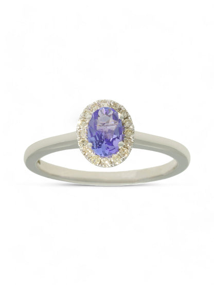 Tanzanite & Diamond Oval Cut Halo Ring in 9ct White Gold