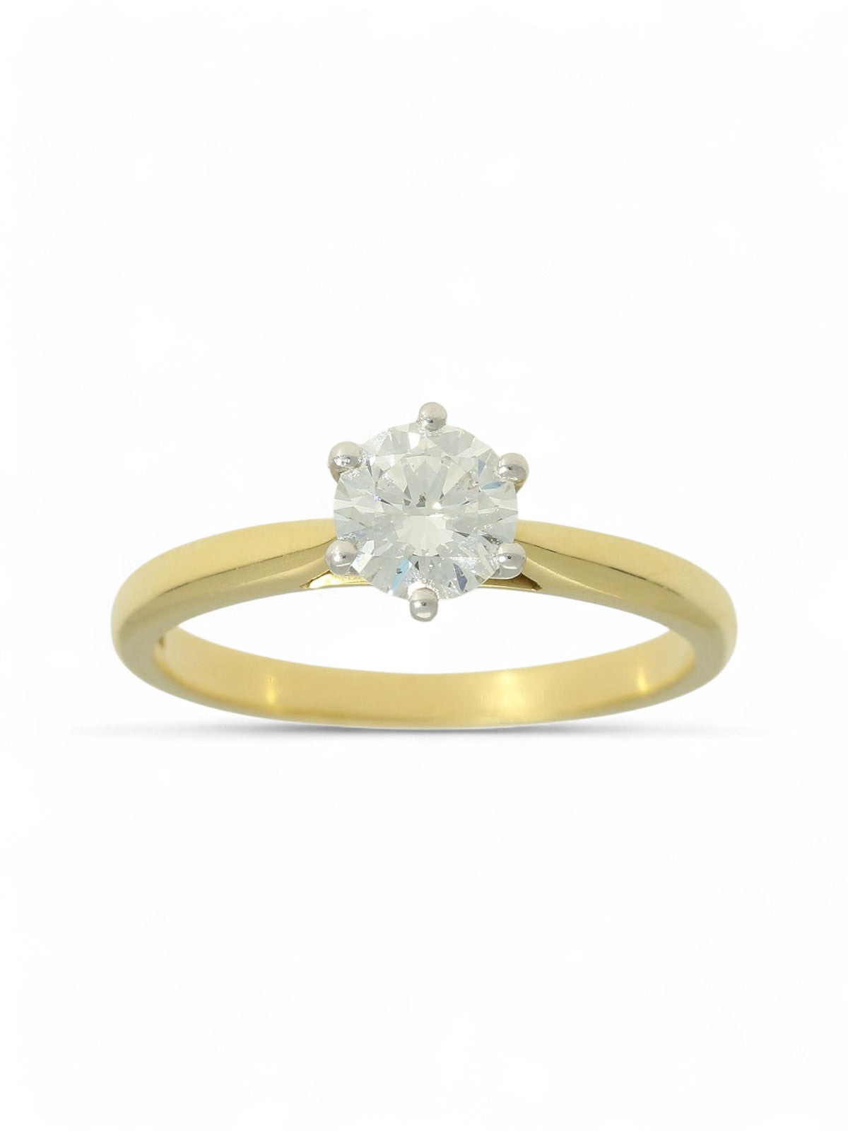 Lab grown diamond ring in a six-claw setting with a yellow gold band on a white background.