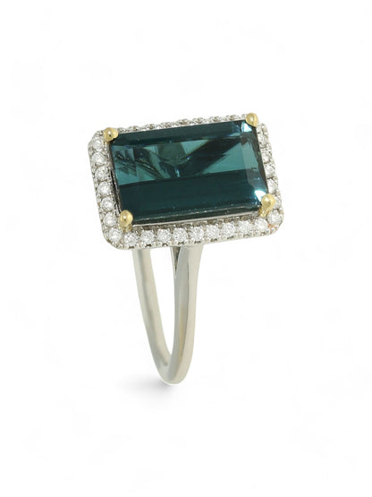 2.89ct Blue Tourmaline & 0.18ct Diamond Halo Ring in 18ct Yellow & White Gold