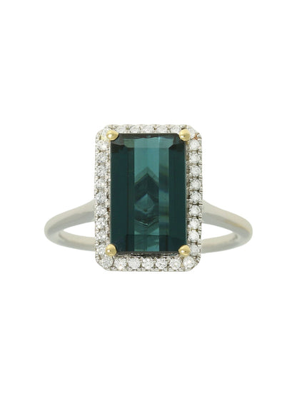2.89ct Blue Tourmaline & 0.18ct Diamond Halo Ring in 18ct Yellow & White Gold