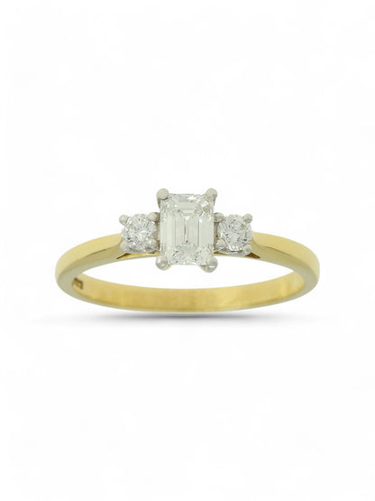 0.46ct Emerald Cut & 0.14ct Round Brilliant Cut Diamond Three Stone Ring in 18ct Yellow & White Gold