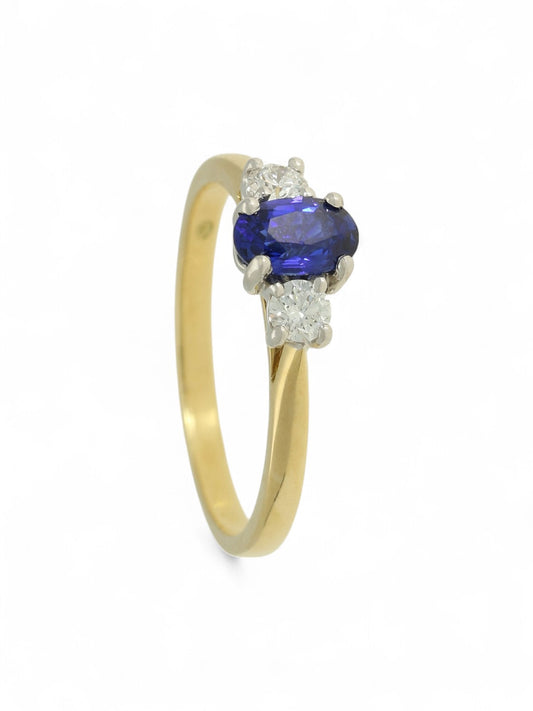 Sapphire & Diamond Three Stone Ring in 18ct Yellow & White Gold
