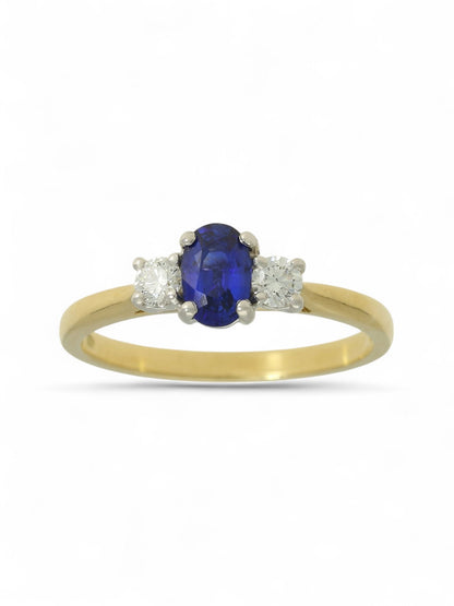 Sapphire & Diamond Three Stone Ring in 18ct Yellow & White Gold