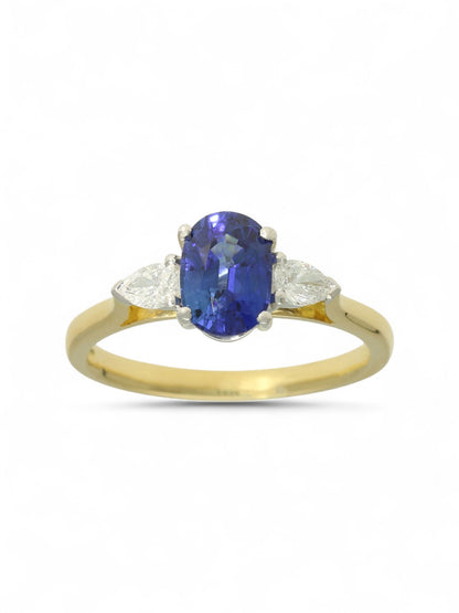 1.36ct Oval Cut Sapphire & 0.26ct Pear Cut Diamond Three Stone Ring in 18ct Yellow & White Gold