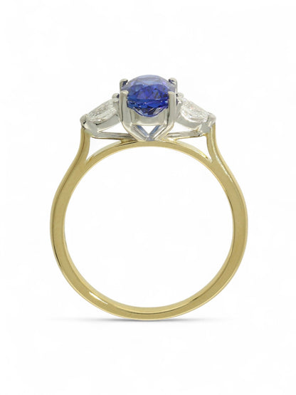 1.36ct Oval Cut Sapphire & 0.26ct Pear Cut Diamond Three Stone Ring in 18ct Yellow & White Gold