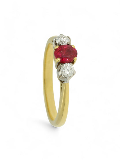 Ruby & Diamond Three Stone Ring with 0.58ct Ruby & 0.26ct Diamonds in 18ct Yellow & White Gold
