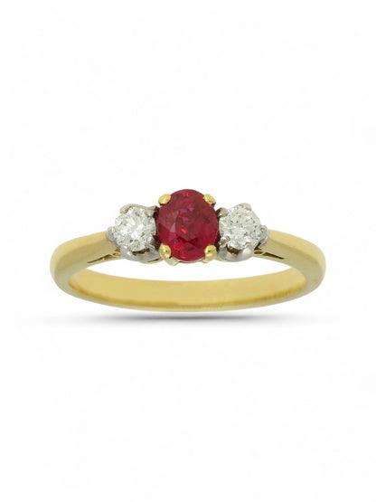 Ruby & Diamond Three Stone Ring with 0.58ct Ruby & 0.26ct Diamonds in 18ct Yellow & White Gold