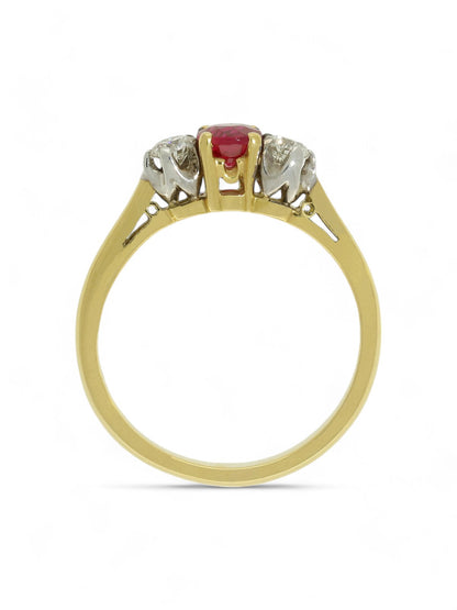 Ruby & Diamond Three Stone Ring with 0.58ct Ruby & 0.26ct Diamonds in 18ct Yellow & White Gold