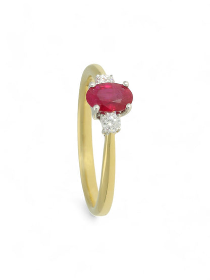 0.64ct Oval Cut Ruby & 0.13ct Round Brilliant Cut Diamond Three Stone Ring in 18ct Yellow & White Gold