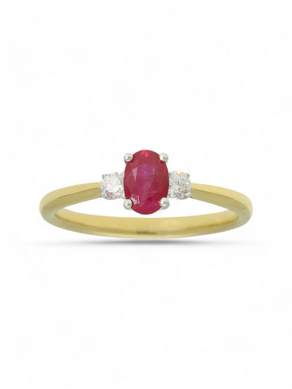 0.64ct Oval Cut Ruby & 0.13ct Round Brilliant Cut Diamond Three Stone Ring in 18ct Yellow & White Gold