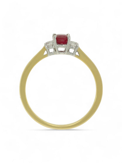 0.64ct Oval Cut Ruby & 0.13ct Round Brilliant Cut Diamond Three Stone Ring in 18ct Yellow & White Gold